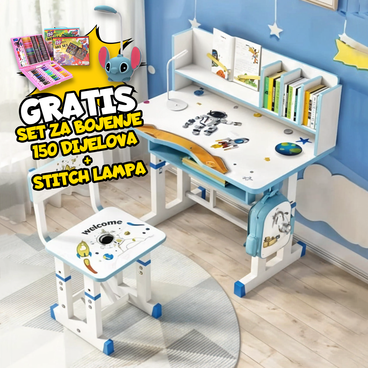 Dječiji Radni Stolovi + GRATIS Set za Bojenje 150 komada i Stich Lampa
