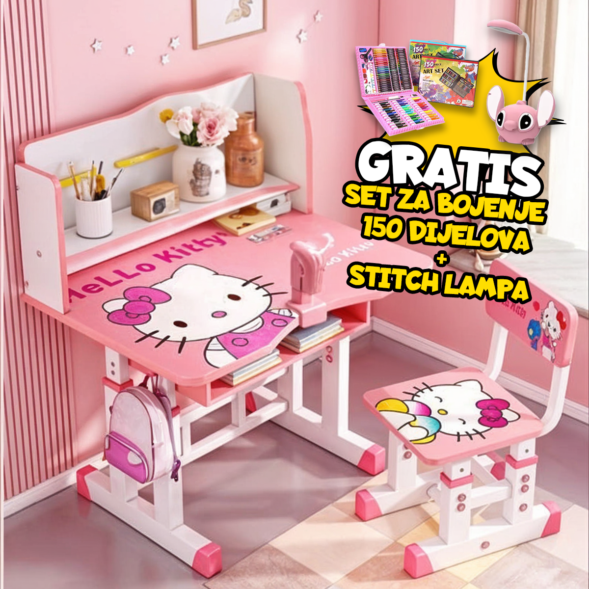 Dječiji Radni Stolovi + GRATIS Set za Bojenje 150 komada i Stich Lampa