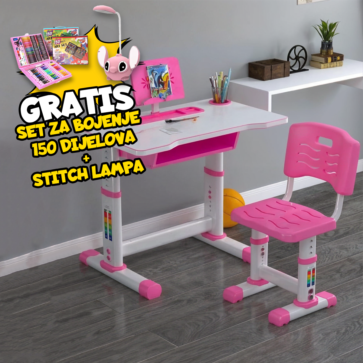 Dječiji Radni Stolovi + GRATIS Set za Bojenje 150 komada i Stich Lampa