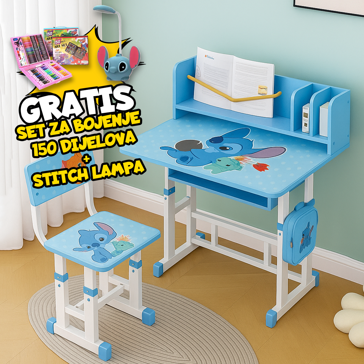 Dječiji Radni Stolovi + GRATIS Set za Bojenje 150 komada i Stich Lampa